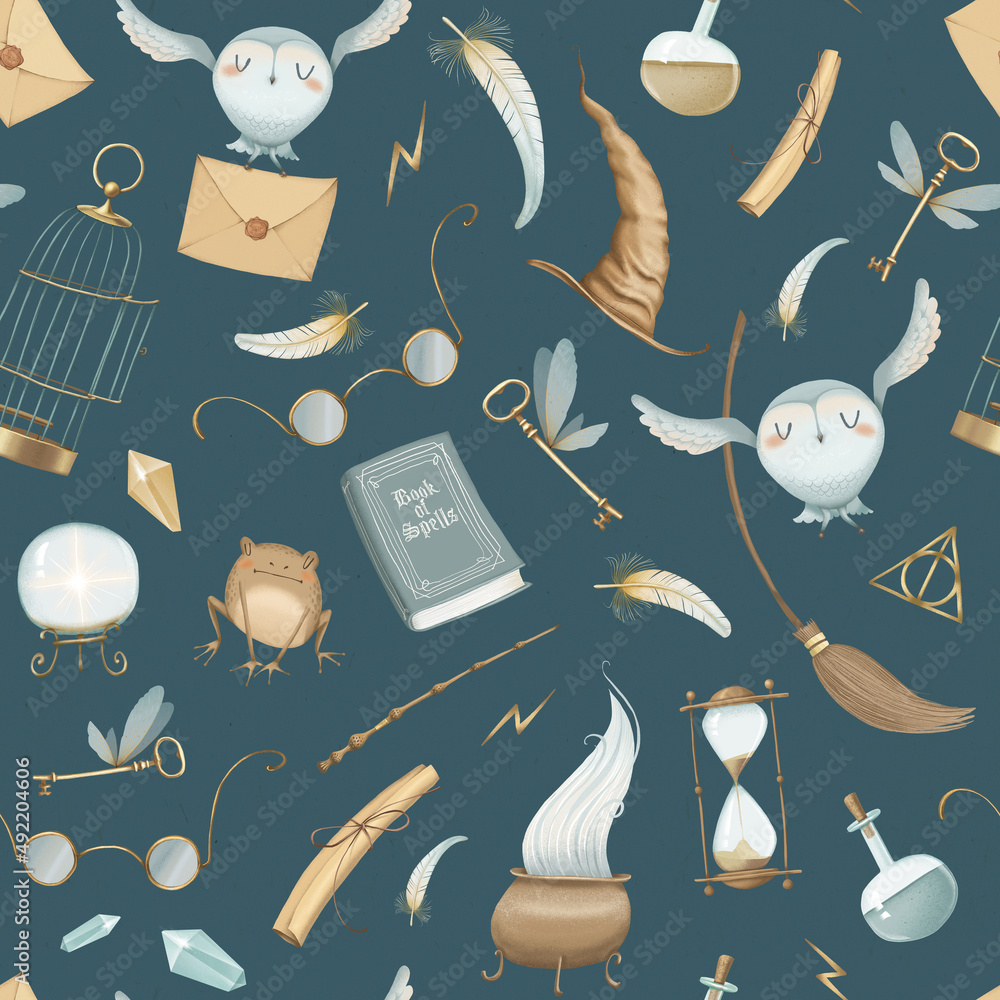 Seamless pattern of magic and witchcraft. Owl, toad, book, letter,  hourglass, glass ball, lightning scar, glasses, broom, magic wand, hat,  winged key. Dark blue background. Stock illustration. Stock Illustration |  Adobe Stock