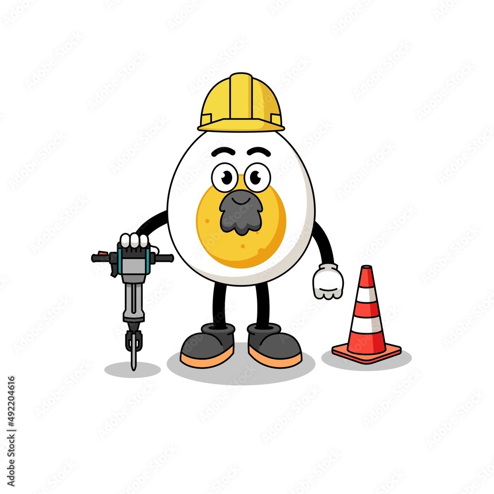 Character cartoon of boiled egg working on road construction Character cartoon of boiled egg working on road construction