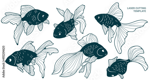 Laser cutting template. Set of isolated golden fish. Paper cutout goldfish. Marine tropical reef fish black silhouettes set closeup isolated on white. Wildlife sea, iron on, vinyl design. Vector.