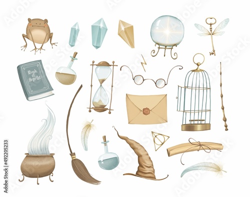 A set of magic and witchcraft. A toad, a book, a letter, an hourglass, a glass ball, a lightning scar, glasses,  broom, a magic wand, a hat, a winged key. Stock illustration.
