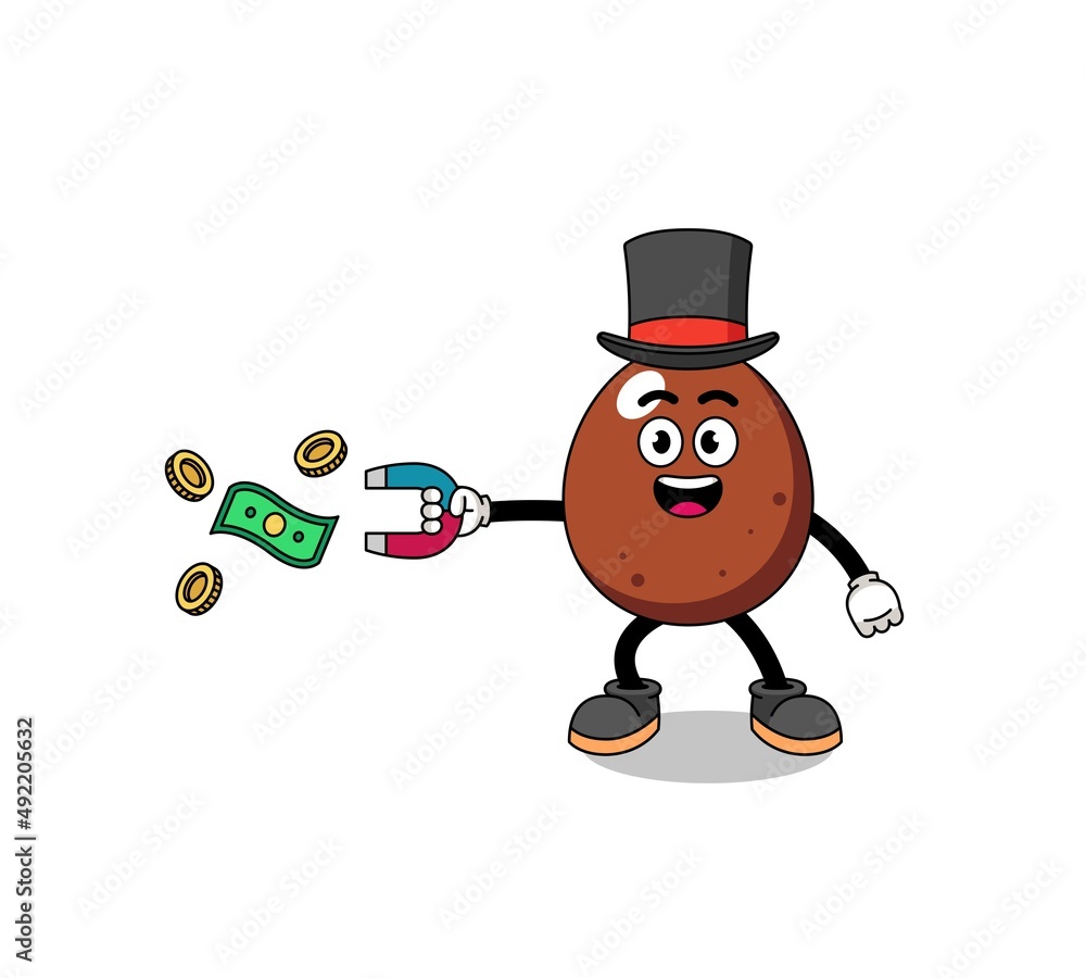 Character Illustration of chocolate egg catching money with a magnet Character Illustration of chocolate egg catching money with a magnet