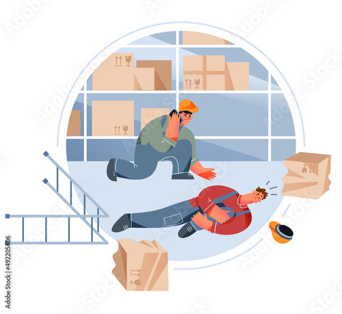 Warehouse dangerous accident with workers people, emergency at storage workplace