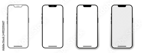 Set of realistic models smartphone with transparent screens. Smartphone mockup collection. Phone mockup in front. Mobile phone with shadow. Realistic, flat and line style. Vector EPS 10 photo