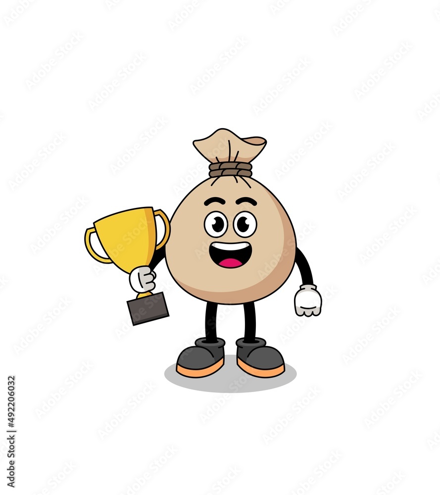 Cartoon mascot of money sack holding a trophy Cartoon mascot of money sack holding a trophy