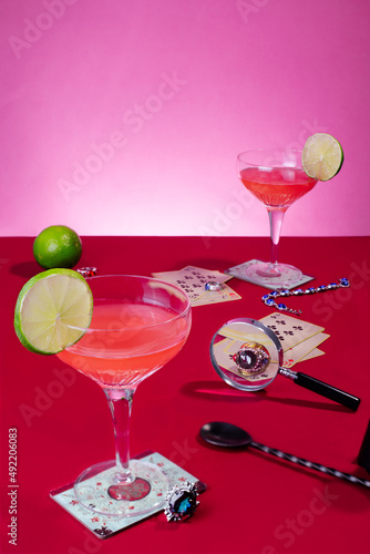 Poker party in vivid colours with margarita cocktail