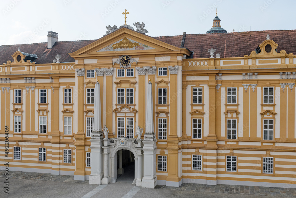 Fototapeta premium The main entrance to the magnificent Baroque Melk Abbey in the Wachau region of Lower Austria. UNESCO world cultural heritage site