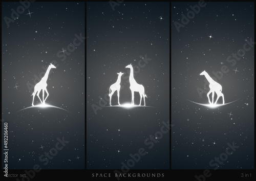 Giraffe in space. Set of endangered animal family and glowing outline