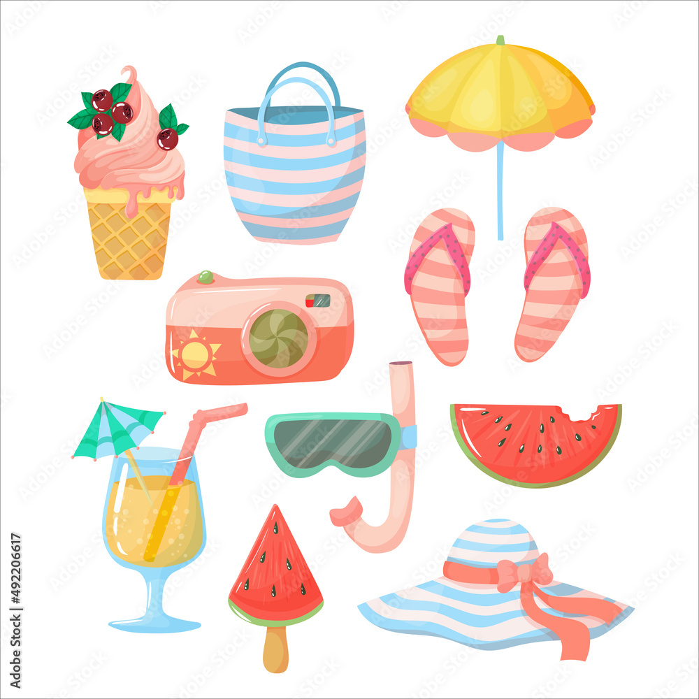 Fototapeta premium Set of summer accessories. Items for holidays or weekends at the seaside. Vector illustration isolated on white background.