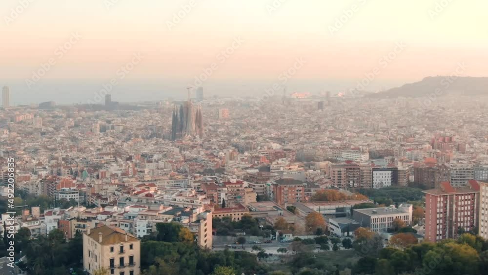 Aerial Panoramic View Of Sagrada Familia Cathedral And Barcelona Urban Octagon Buildings, Barcelona Spain At Sunset Aerial Panoramic View Of Sagrada Familia Cathedral And Barcelona Urban Octagon Buildings, Barcelona Spain At Sunset