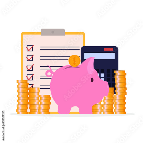 Piggy bank with coins falling into it. Checklist. Budget planning concept. Vector illustration 