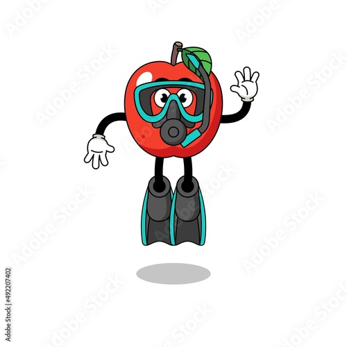 Character cartoon of apple as a diver