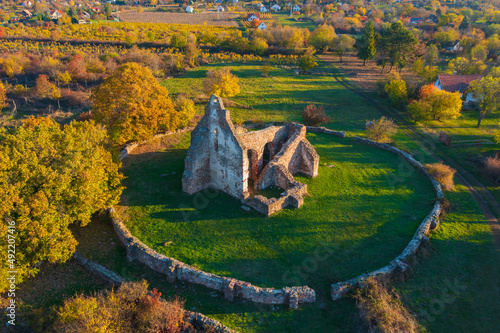 Aerial view about Ecseri Church ruins at Révfülöp. Hungarian name is Ecséri templomrom. Autumn landscape. photo