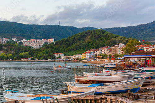 amasra turkey. 12september 2020 view of a beautiful resort town and boats on the sea coast. 