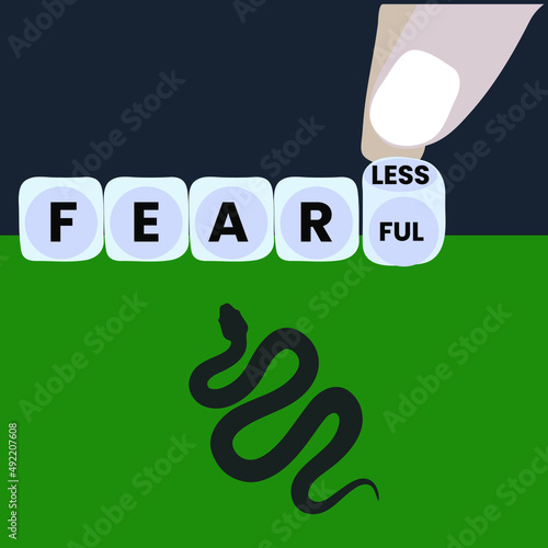 Fearful to fearless expression stock illustration. Hand turns a dice and changes the expression fearful to fearless in front of the snake.
