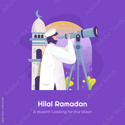 A Muslim looks for the moon or sees the hilal Ramadan with binoculars