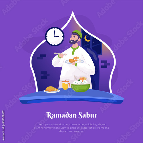 A Muslim is having sahur in Ramadan night or eating early illustration