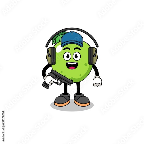 Character mascot of green apple doing shooting range