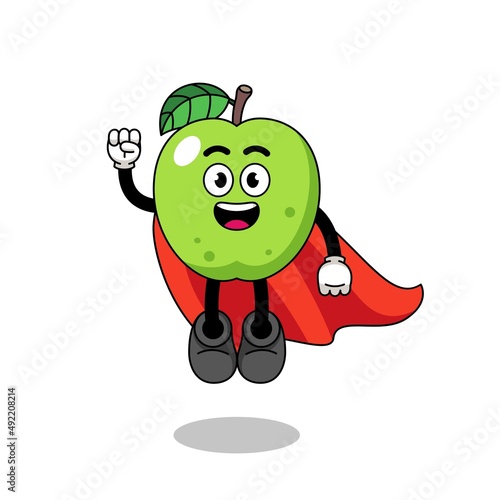 green apple cartoon with flying superhero