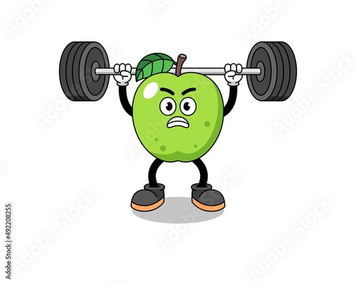 green apple mascot cartoon lifting a barbell