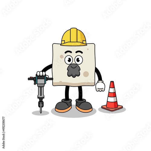 Character cartoon of tofu working on road construction
