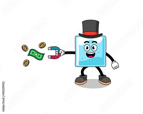 Character Illustration of ice block catching money with a magnet