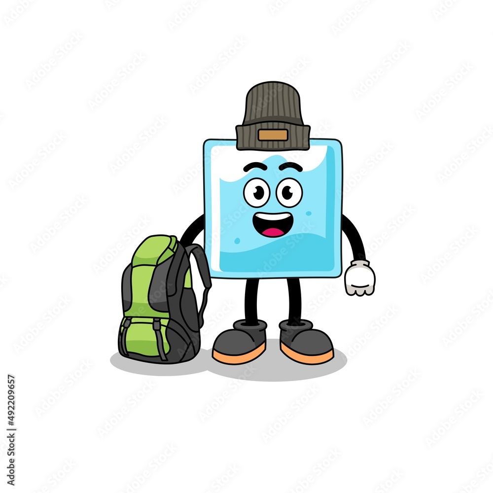 Fototapeta premium Illustration of ice block mascot as a hiker