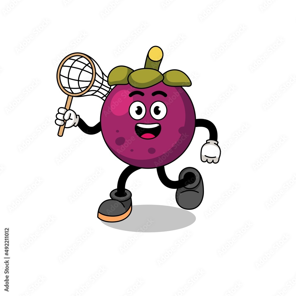 Obraz premium Cartoon of mangosteen catching a butterfly
