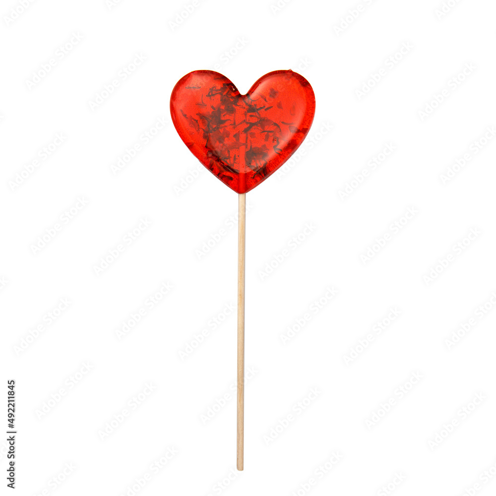 red lollipop with herbs on a stick isolated on white. Gift for Valentine's Day. square format