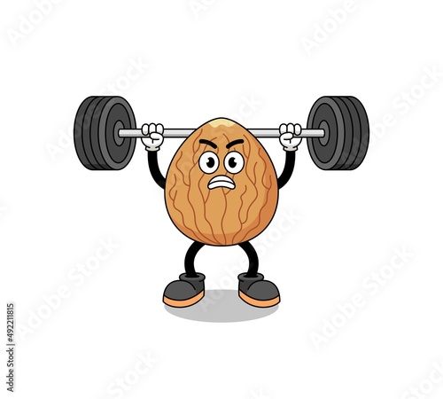 almond mascot cartoon lifting a barbell