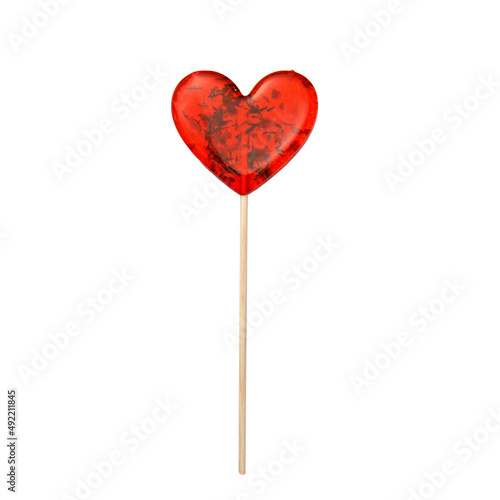 red lollipop with herbs on a stick isolated on white. Gift for Valentine's Day. square format