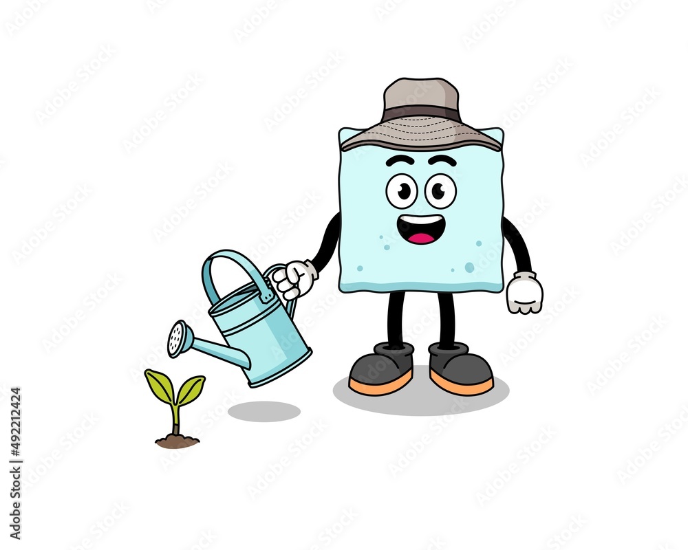 Illustration of sugar cube cartoon watering the plant Illustration of sugar cube cartoon watering the plant