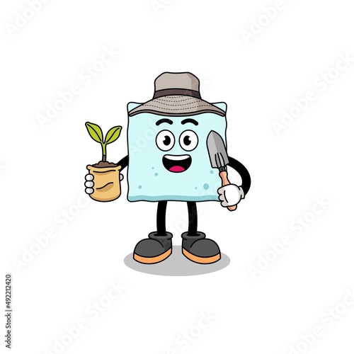 Illustration of sugar cube cartoon holding a plant seed