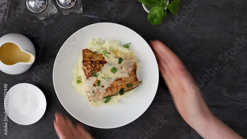 Wallpaper Mural Serving a Plate of Salmon with Potatoes and Sauce  Torontodigital.ca