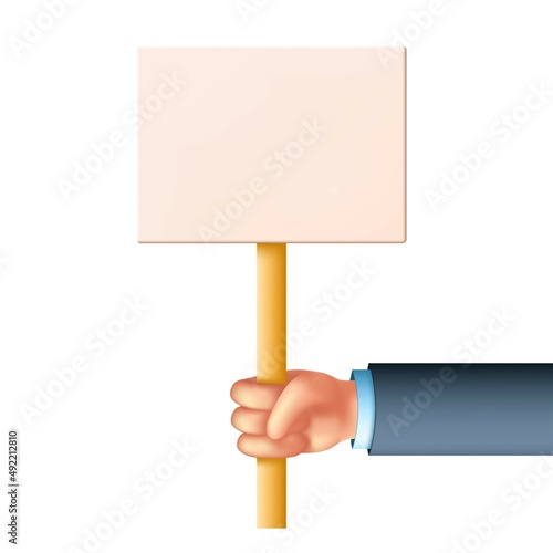 Hand holding blank protest sign. Empty placard. Picket sign. Struggle for rights concept.