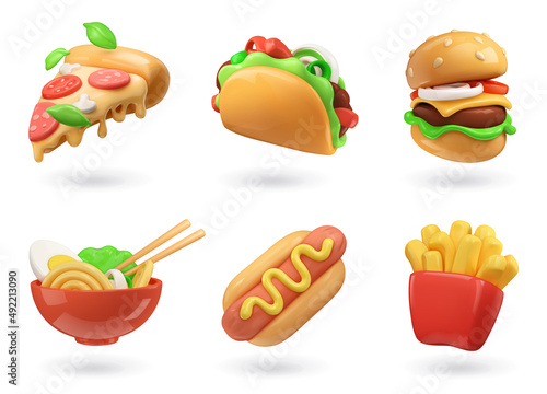 Fast food 3d realistic render vector icon set. Pizza, taco, hamburger, ramen noodle soup, hot dog, fries potatoes