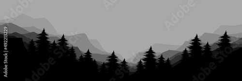 mountain landscape with pine tree silhouette flat design vector illustration good for wallpaper  backdrop  background  banner  tourism  and design template 