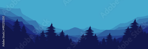 mountain landscape with pine tree silhouette flat design vector illustration good for wallpaper, backdrop, background, banner, tourism, and design template 