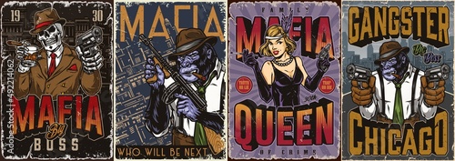 Mafia colorful posters set with mobsters