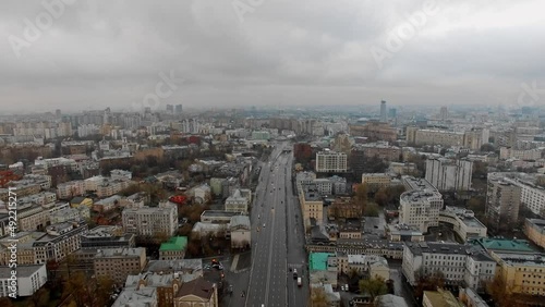 Central Highway of Moscow. Garden ring, Sadovoye Koltso in Moscow in cloudy weather. Empty Moscow. Aerial view photo