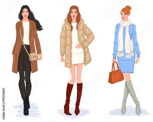 Female clothes collection. Fashion models in stylish coats and jackets. Vector illustration of beautiful young women, isolated on white background.
