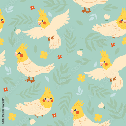 Seamless pattern with parrot and leaves. Vector graphics.