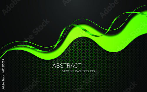 Abstract black and green curves on dark steel mesh background with free space for design. modern technology innovation concept background
