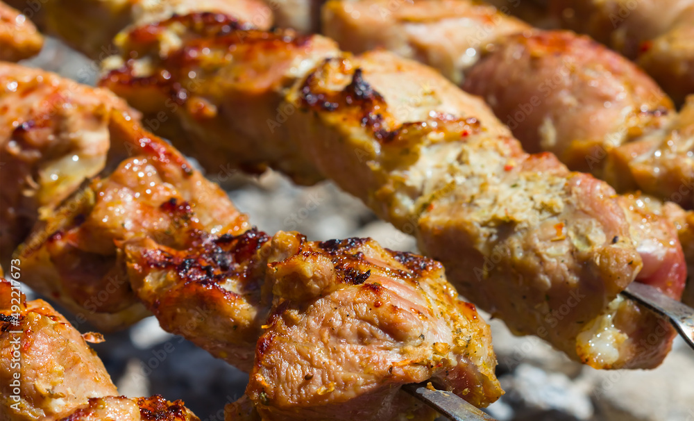 closeup bbq meat frying on camp fire