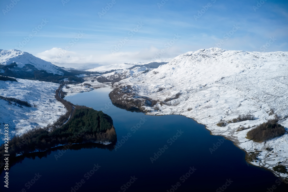 Loch Dochart aerial view showing fallen snow during winter
