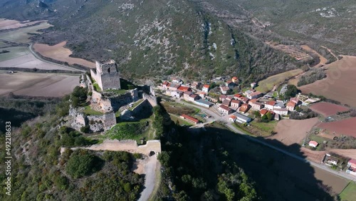 Aerial image of the Castillo de Lanos or Ocio in the Inglares River Valley. Leisure Village, Zambrana Municipality, Alava, Basque Country, Spain, Europe photo