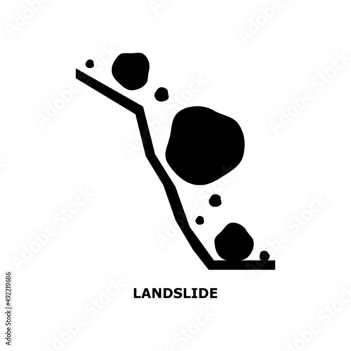 	
Beware of rockfall mountain hill landslide natural disaster warning sign black icon flat vector design.	
