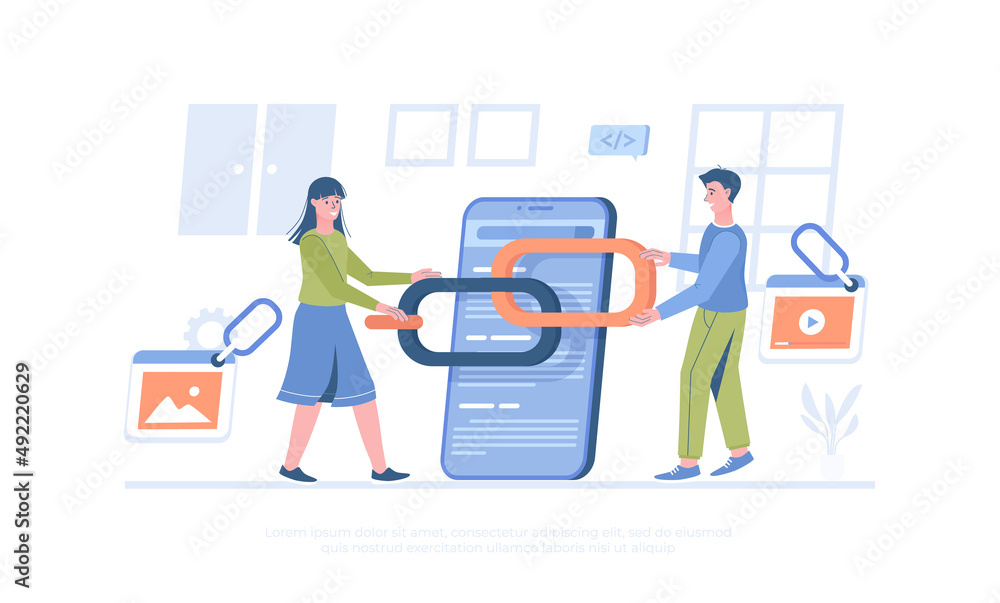 Link building between website pages. Search engine optimization concept, SEO. People holding chain on bowser window. Cartoon modern flat vector illustration for banner, website design, landing page. Link building between website pages. Search engine optimization concept, SEO. People holding chain on bowser window. Cartoon modern flat vector illustration for banner, website design, landing page.