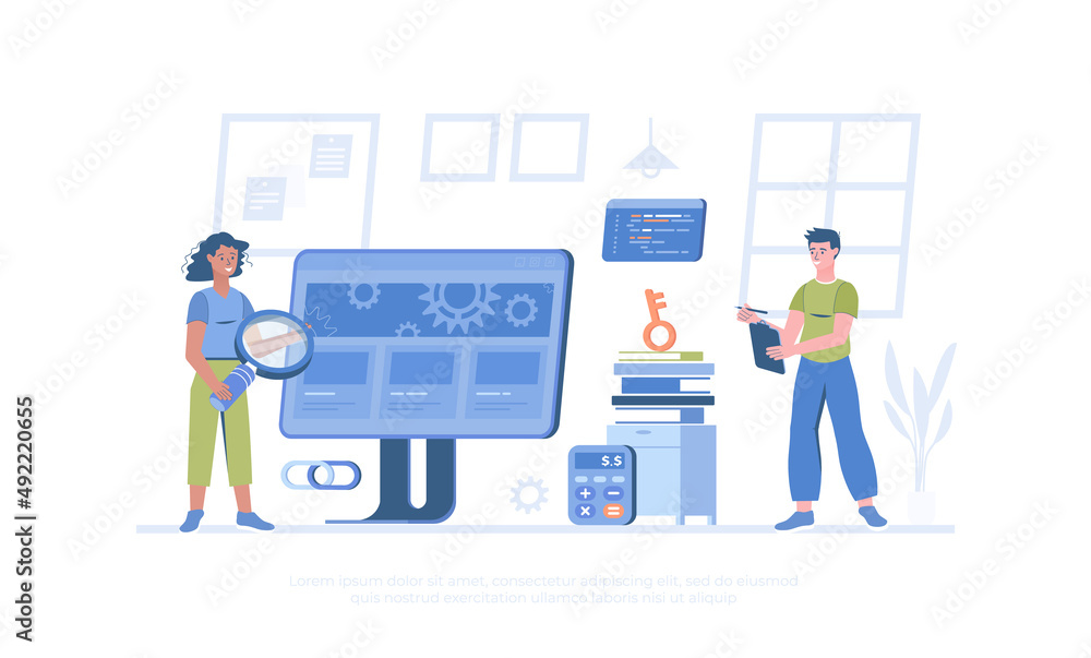 Marketing strategy, SEO assessment and analyzing for website. Site audit. Cartoon modern flat vector illustration for banner, website design, landing page.