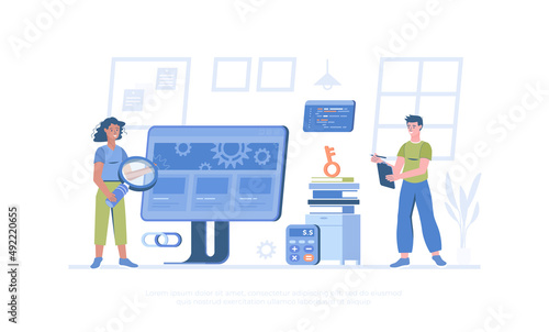 Marketing strategy, SEO assessment and analyzing for website. Site audit. Cartoon modern flat vector illustration for banner, website design, landing page.