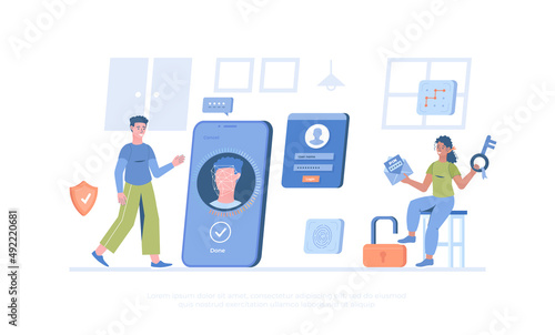 Authentication and Identity Verification. Face, fingerprint recognition, pin pattern locking, user account password. Two Factor Authentication. Cartoon modern flat vector illustration for banner, web © vectorhot